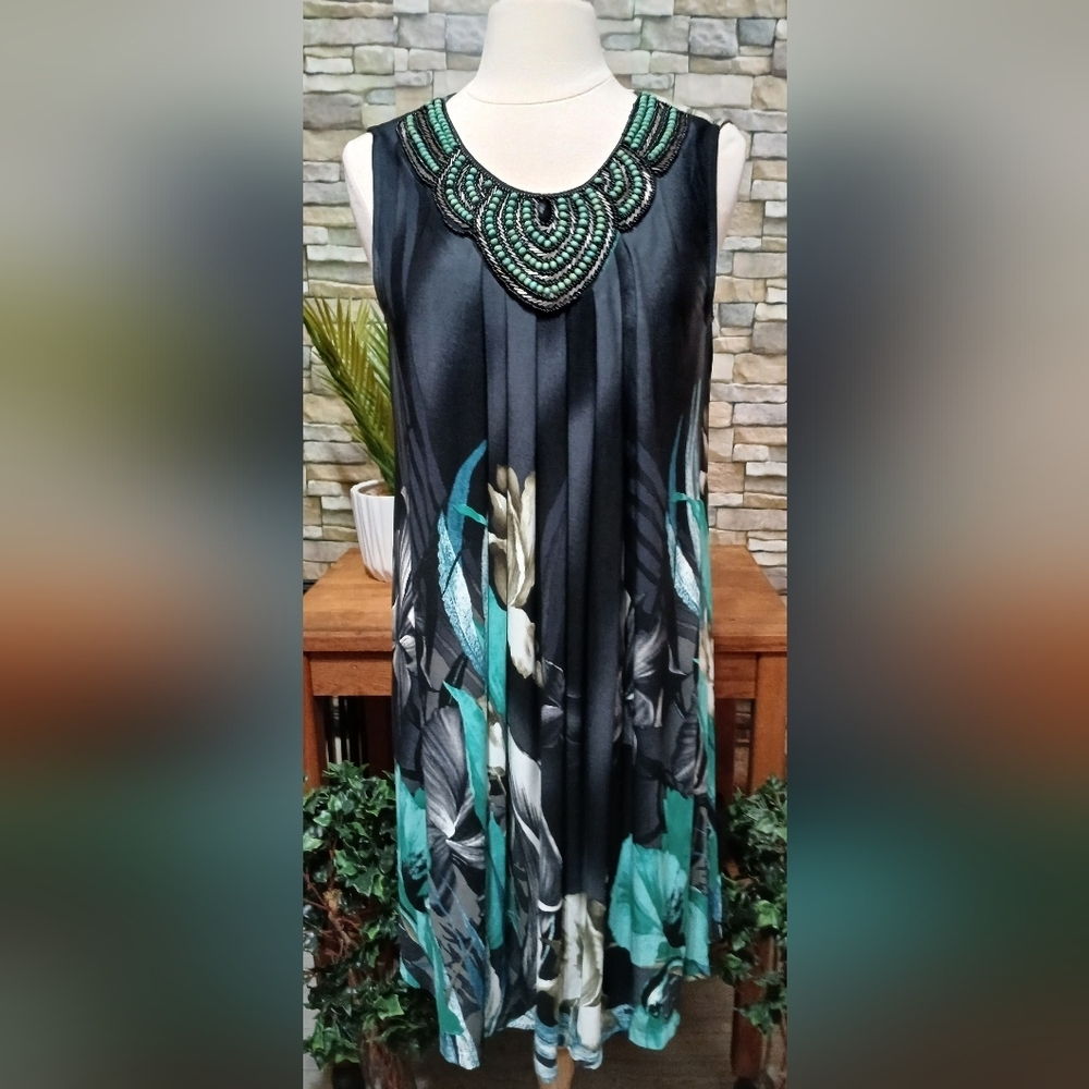 Studio I Large Elegant Black and‎ Teal Beaded Boho Sleeveless Dress